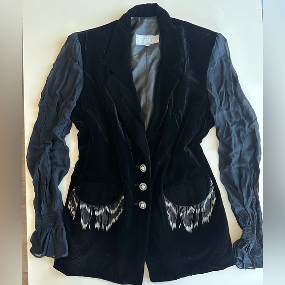 Vintage Jackets & Blazers - Vtg 80s Dorothy Schoelen Velvet Evening Silk Sheer Sleeves beaded Fringe Blazer